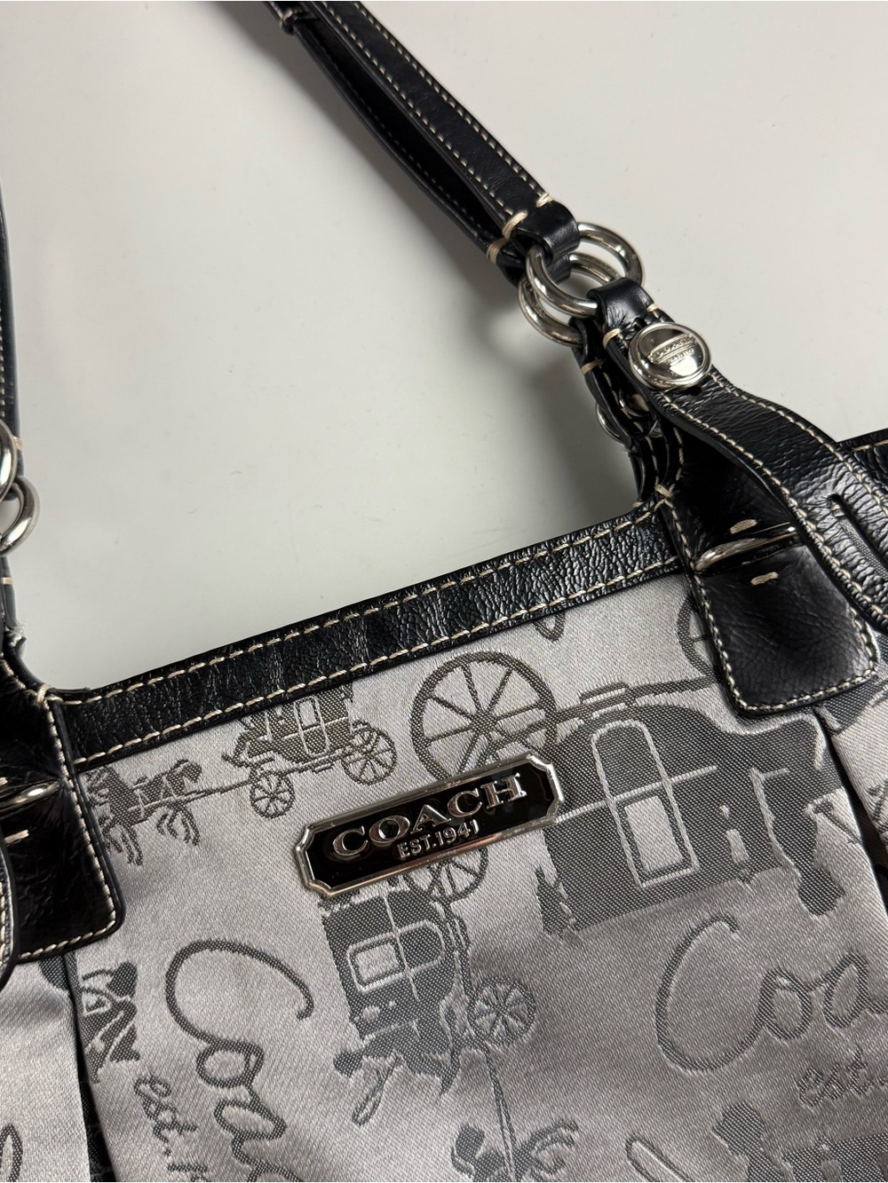 Coach Horse & Carriage Satin Jacquard Logo Tote Shoulder Bag Silver Gray Black - Picture 3 of 10